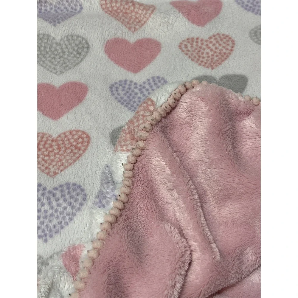 Just Born plush baby blanket white pink Purple Gray hearts